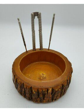 Vintage Live Edge Wood Nut Bowl with Cracker & 2 picks, Cottagecore Grannycore